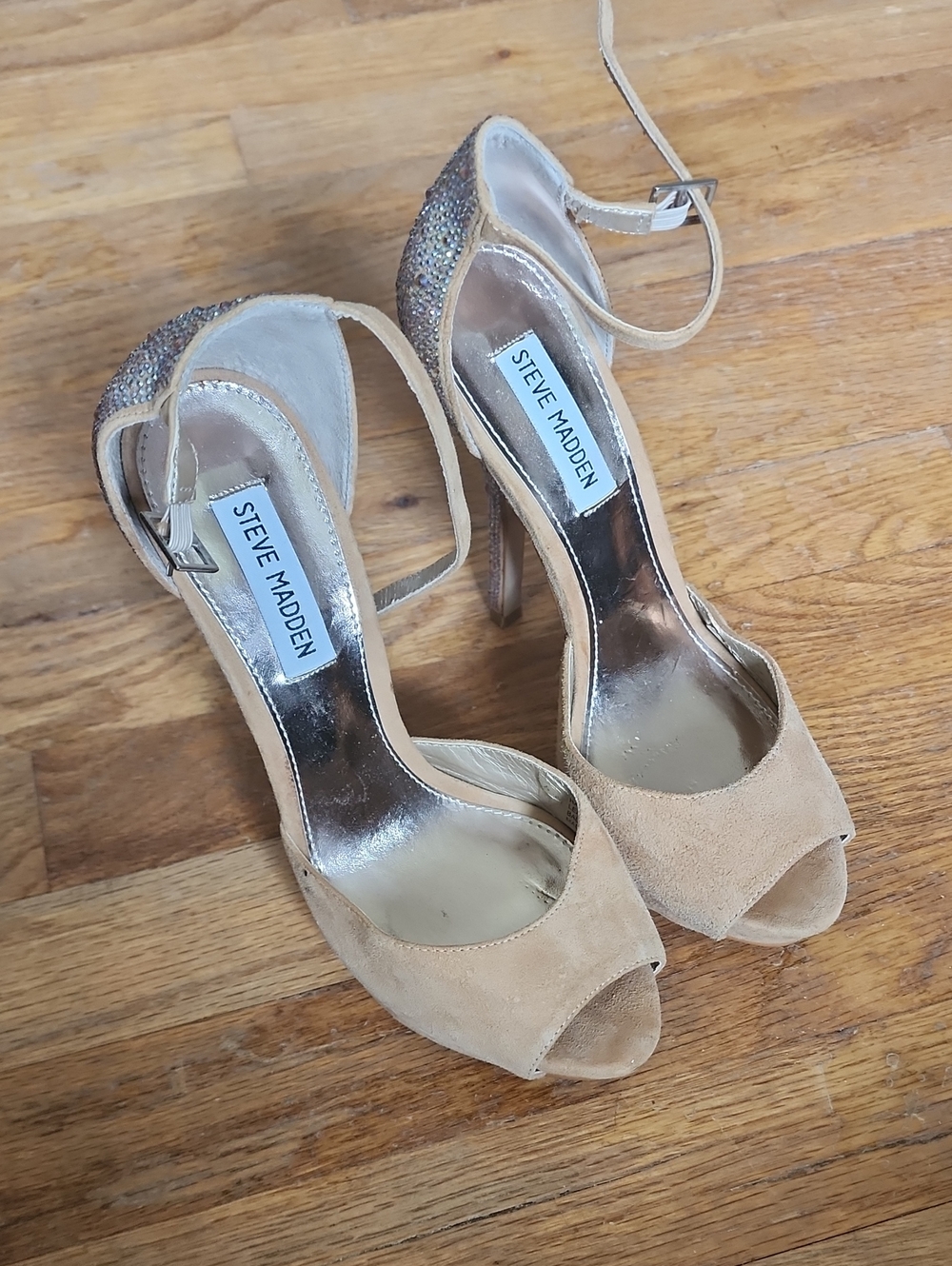 Steve Madden Tan Suede Peep Toe Ankle Strap Heels with Sparkle Heel